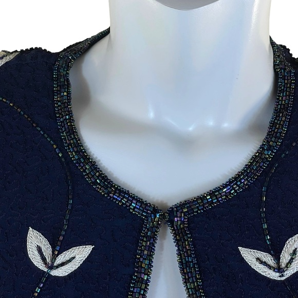 Adrianna Papell Vintage Silk Evening Beaded Navy Blue Embroidered Jacket SZ P10 - Picture 4 of 8